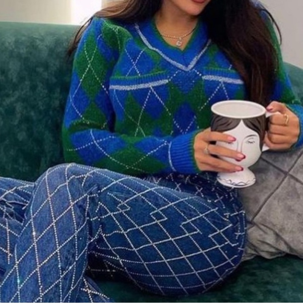 Zara Blue and Green Argyle Sweater